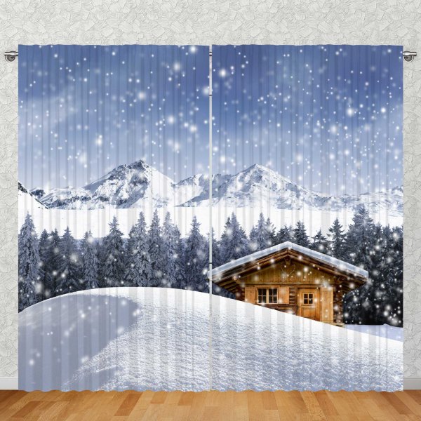 Foto Vorhang Gardine mit verdeckter Schlaufe oder Kräuselband, Hütte im Schnee