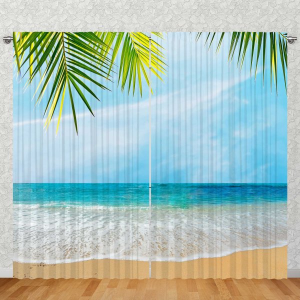 Foto Vorhang Gardine | verdeckte Schlaufe oder Kräuselband | Strand Palme Meer