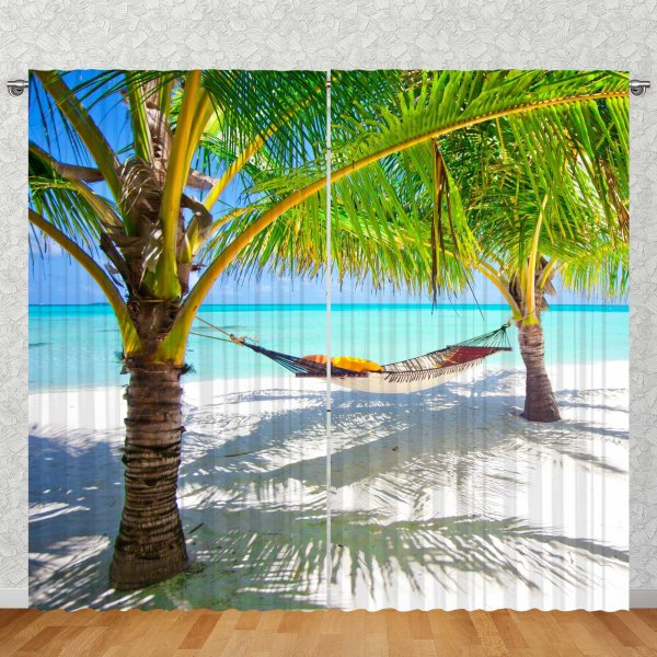 Foto Vorhang Gardine mit verdeckter Schlaufe oder Kräuselband, Strand Hängematte
